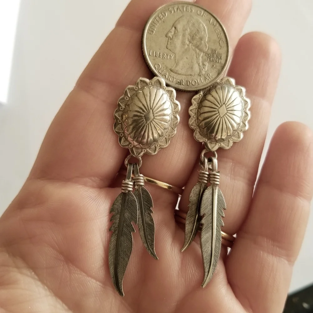 Vintage earrings Sterling Silver shield post Feather dangles 925 old pawn